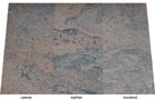 Juparana India, Granitfliesen Oberflächen: caress = softgebürstet + poliert,      leather = satiniert-geledert,      brushed = geflammt + gebürstet